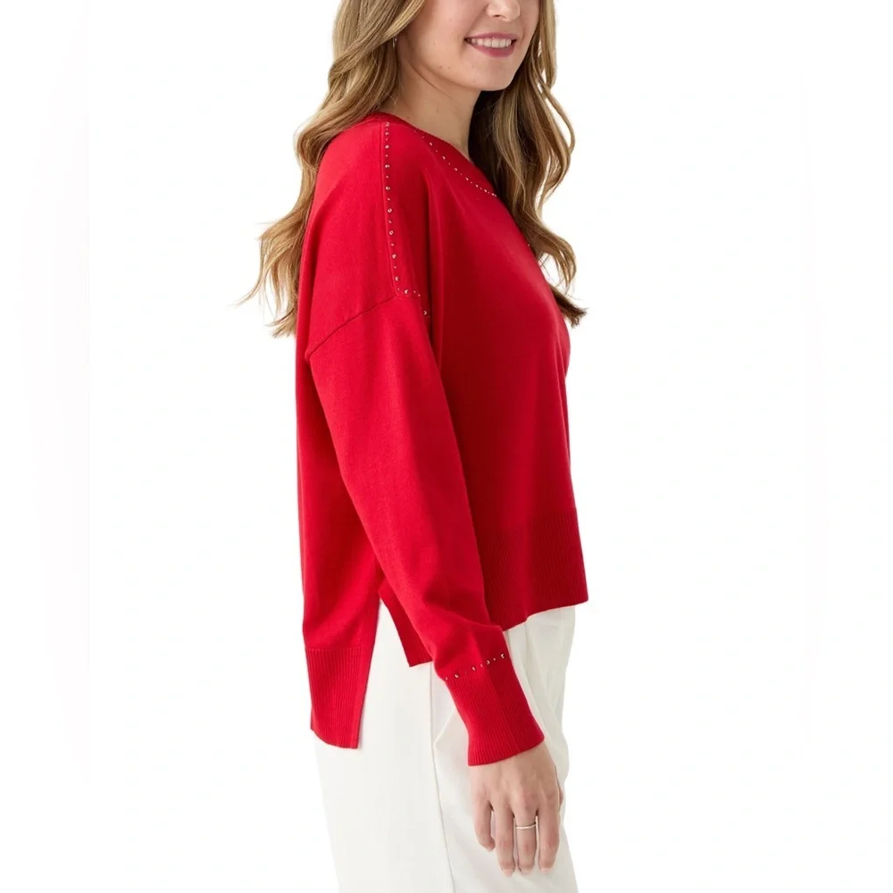 DKNY Women’s Crew neck Stud‎ Trim, Split Hem Sweater NWT Size M - Picture 3 of 10